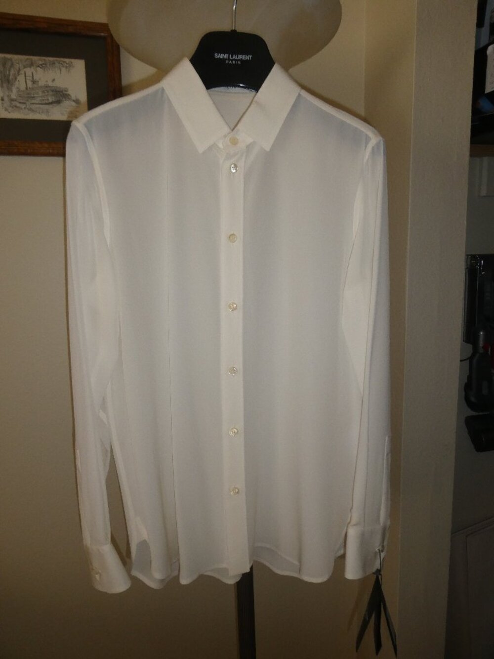 New SAINT LAURENT white/cream silk SHEER Shirt F40